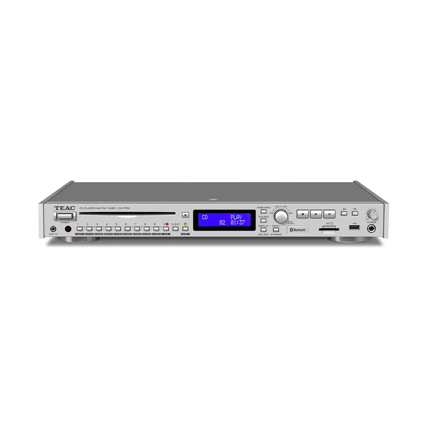 TEAC CD-P750DAB CD-Player mit DAB+/UKW-Tuner in Silber, Frontansicht