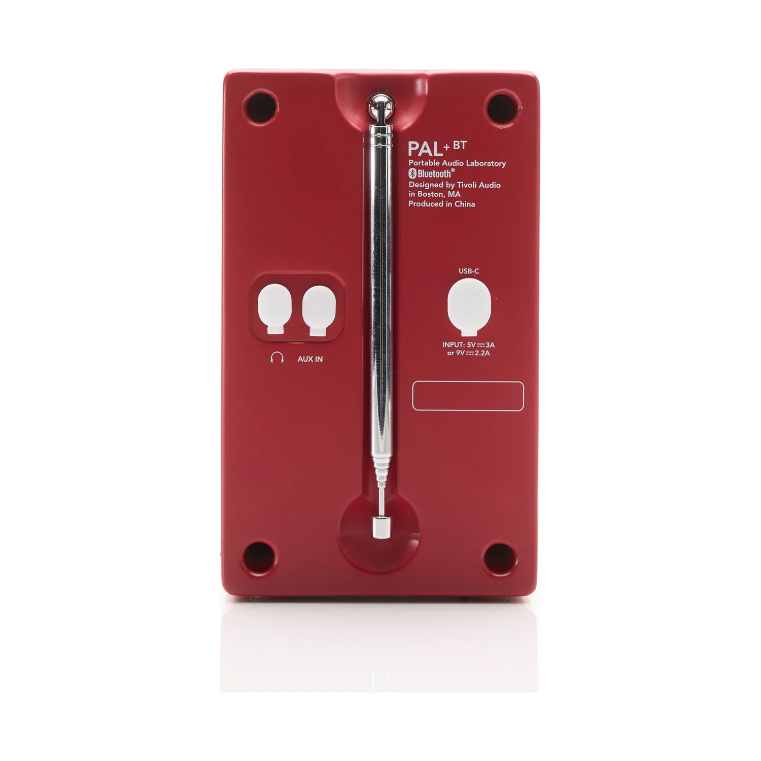 Tivoli PAL+ BT3 in Rot, Rückseite mit Anschlüssen und Antenne