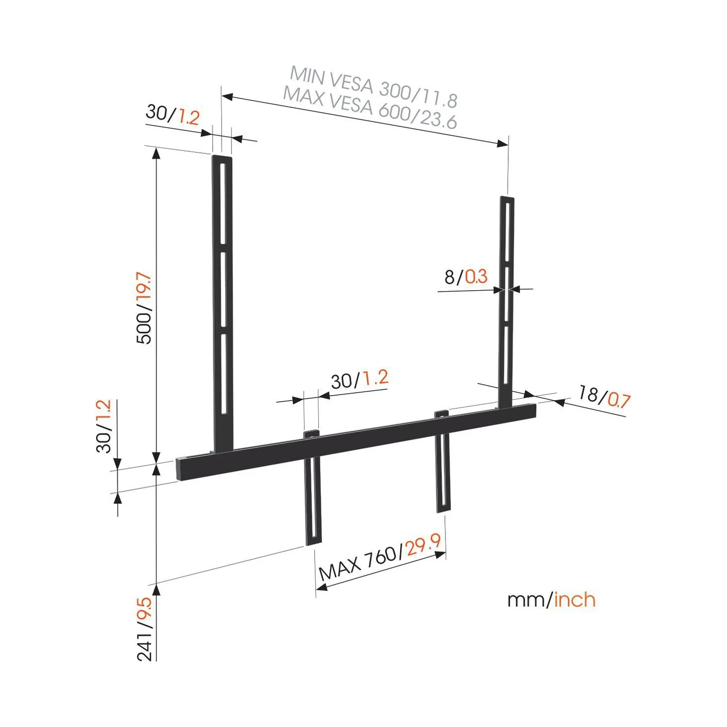 Massskizze des Vogel's Adapter-Kits SOUND 3550 XL mit VESA-Bereich