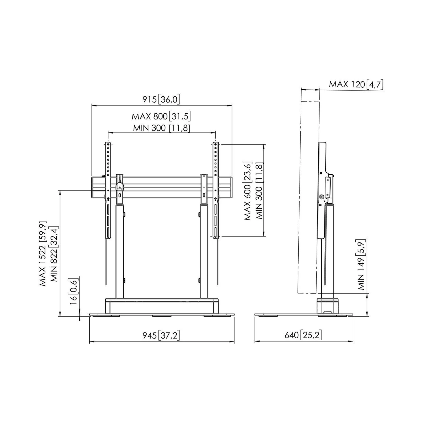 Vogel's RISE 4105 Standfuss mit elektrischem Display-Lift, Massskizze