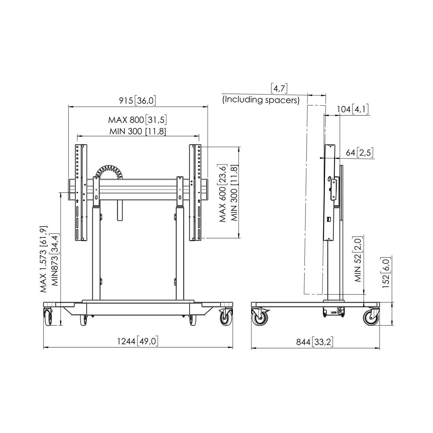 Vogel's RISE 4200 Rollwagen mit elektrischem Display-Lift, Massskizze