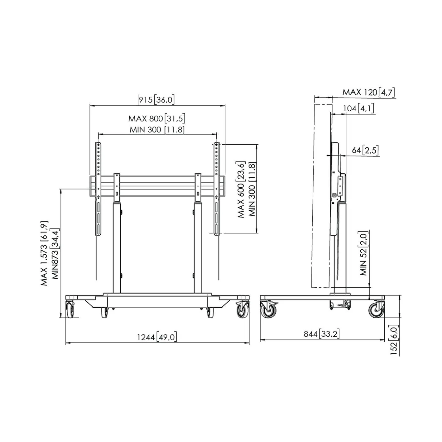 Vogel's RISE 4205 Rollwagen mit elektrischem Display-Lift, Massskizze
