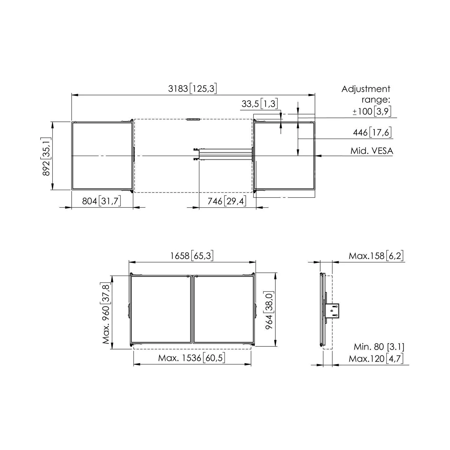 Vogel's RISE WBS65 Whiteboard-Set für 65-Zoll-Displays, Massskizze