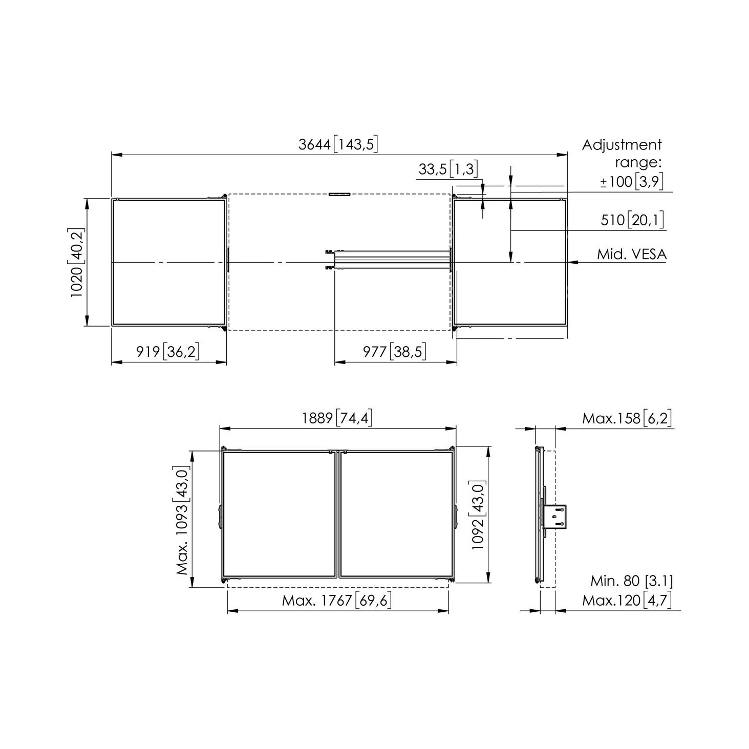 Vogel's RISE WBS75M Whiteboard-Set für 75-Zoll-Displays, Massskizze
