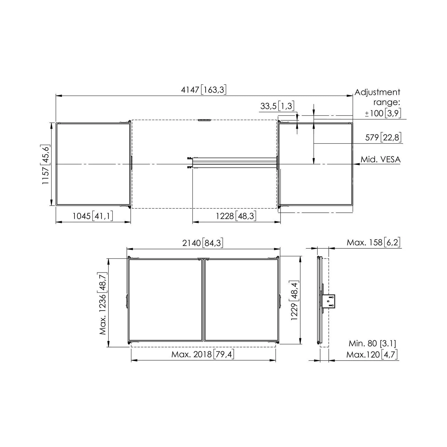 Vogel's RISE WBS86 Whiteboard-Set für 86-Zoll-Displays, Massskizze
