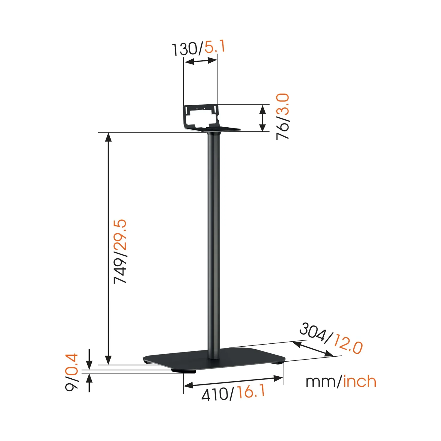 Massskizze des Vogel's SOUND 3305 Standfusses mit Höhe und Bodenplatte