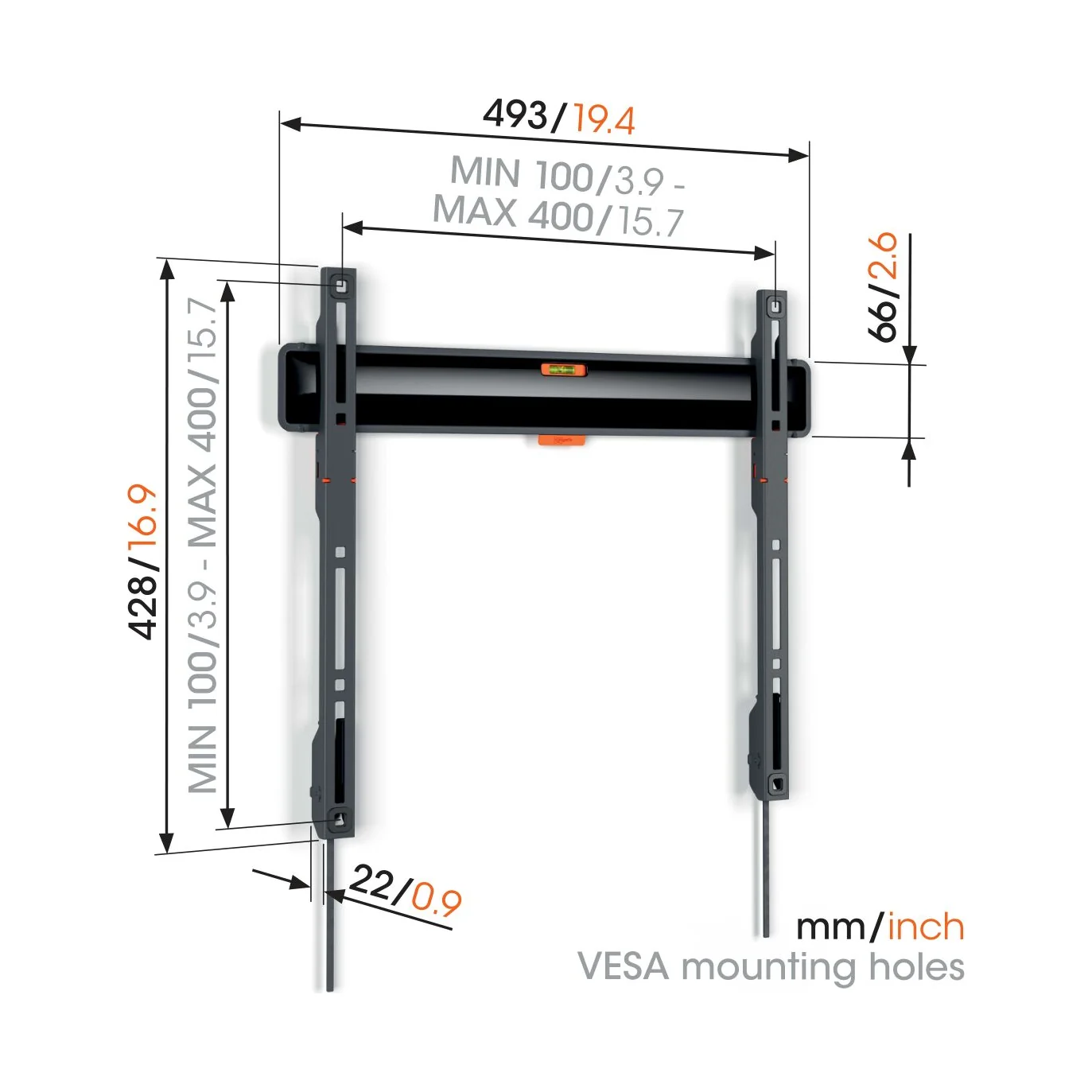 Vogel's TVM 3405 Massskizze mit Wandabstand und VESA-Lochmuster