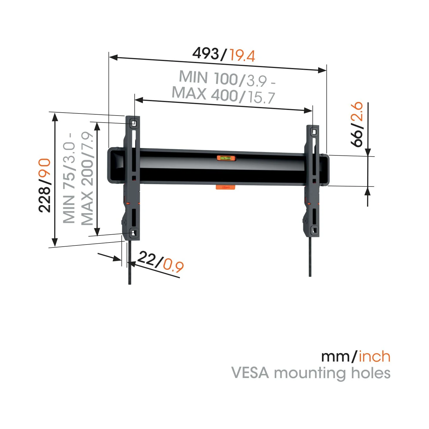 Vogel's TVM 3405 SP Massskizze mit Wandabstand und VESA-Lochmuster