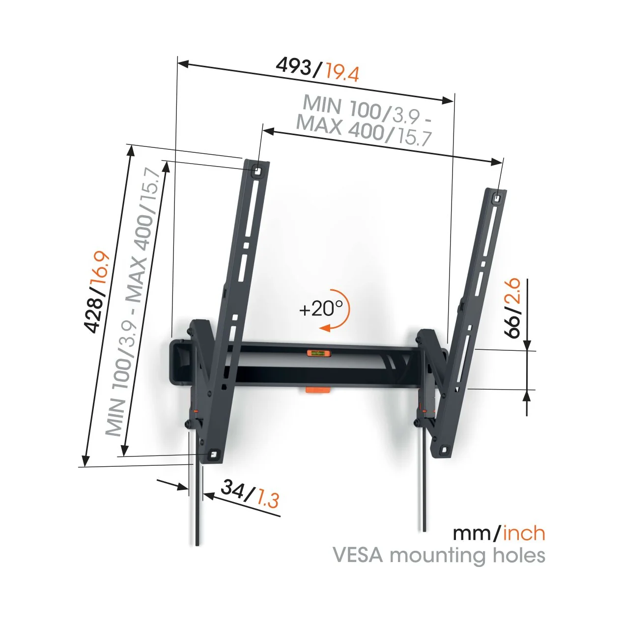 Vogel's TVM 3415 Massskizze mit Wandabstand und VESA-Lochmuster