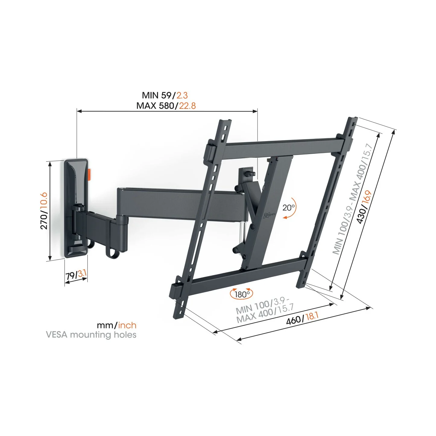 Vogel's TVM 3445 Massskizze mit Wandabstand und VESA-Lochmuster