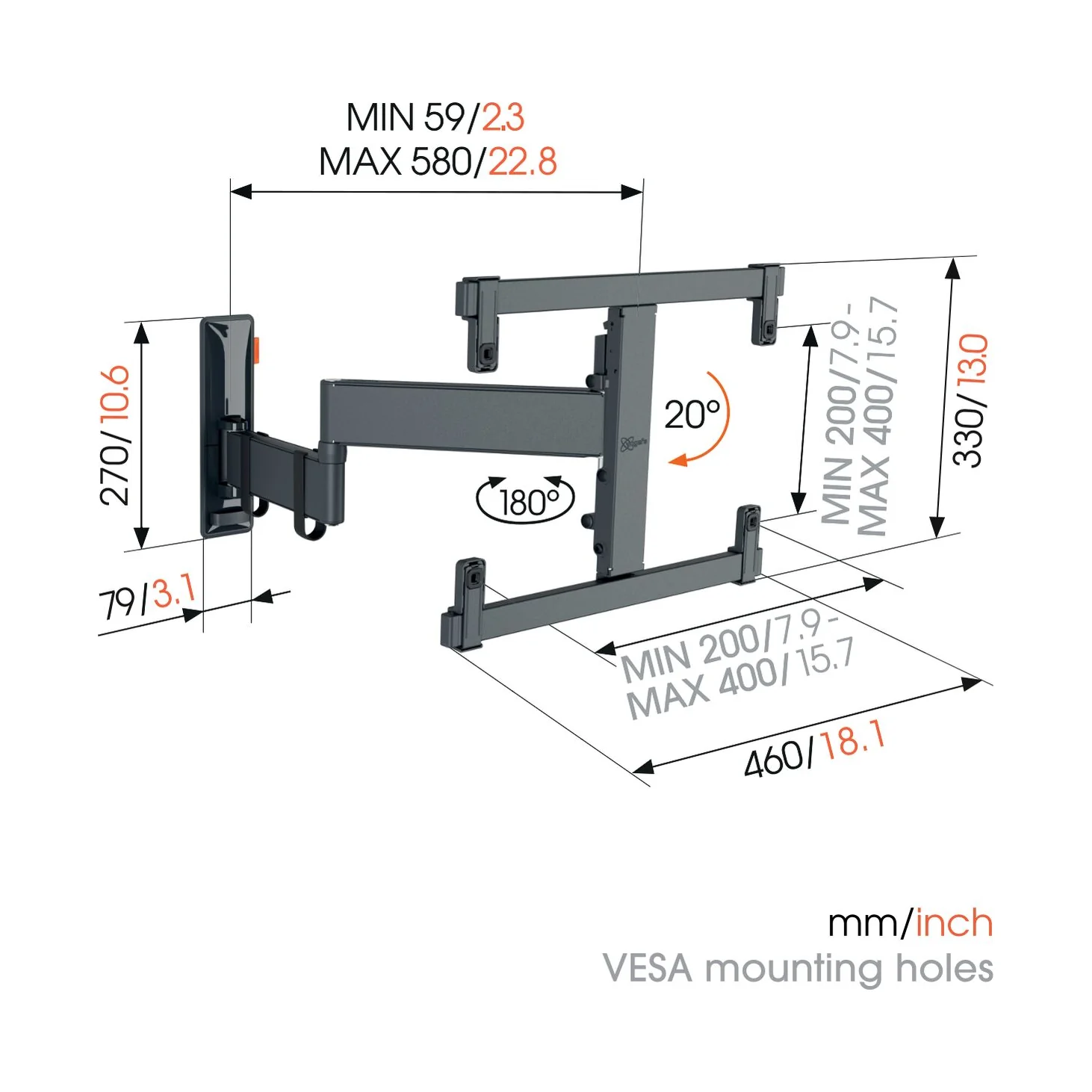 Vogel's TVM 3465 Massskizze mit Wandabstand und VESA-Lochmuster