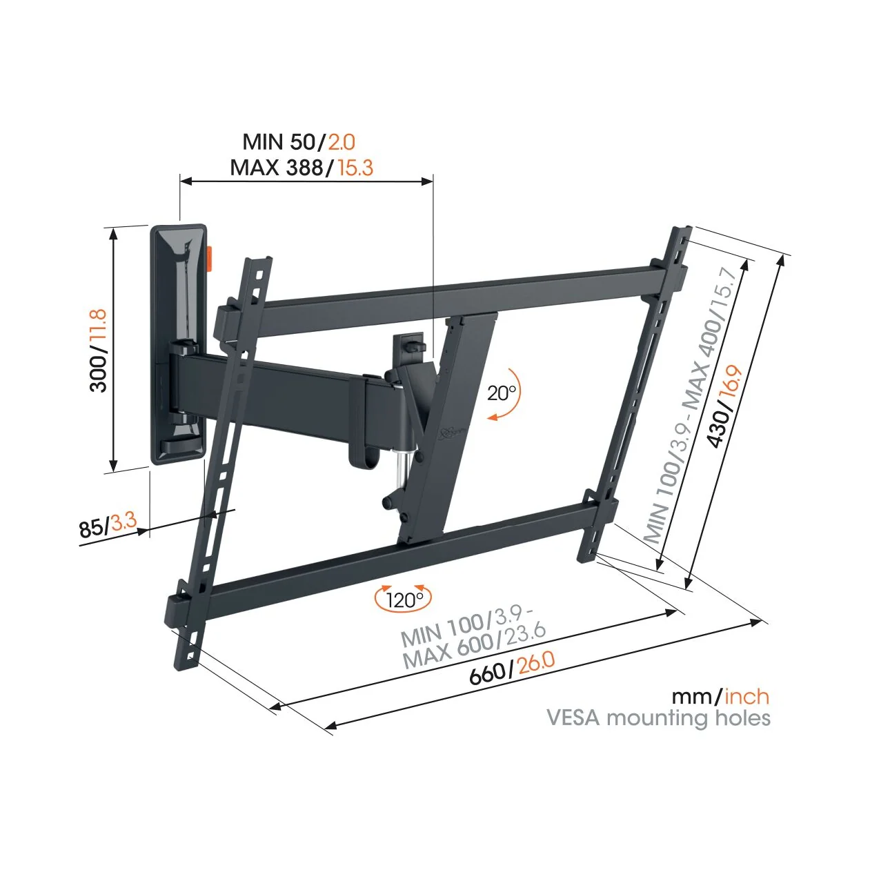 Vogel's TVM 3625 Massskizze mit Wandabstand und VESA-Lochmuster