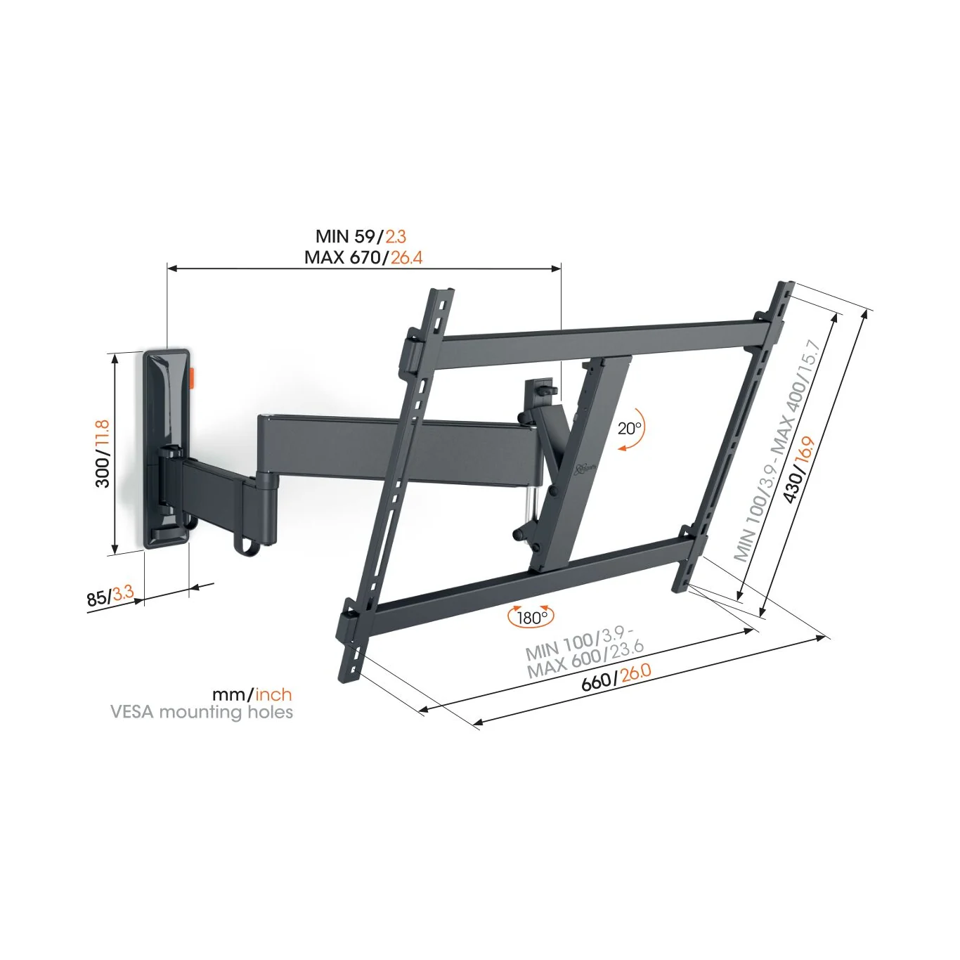 Vogel's TVM 3645 Massskizze mit Wandabstand und VESA-Lochmuster