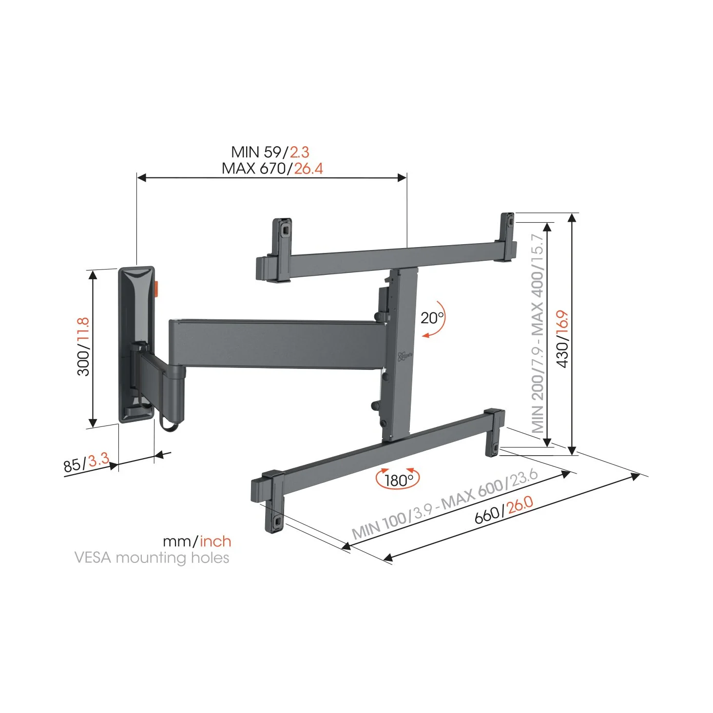Vogel's TVM 3665 Massskizze mit Wandabstand und VESA-Lochmuster