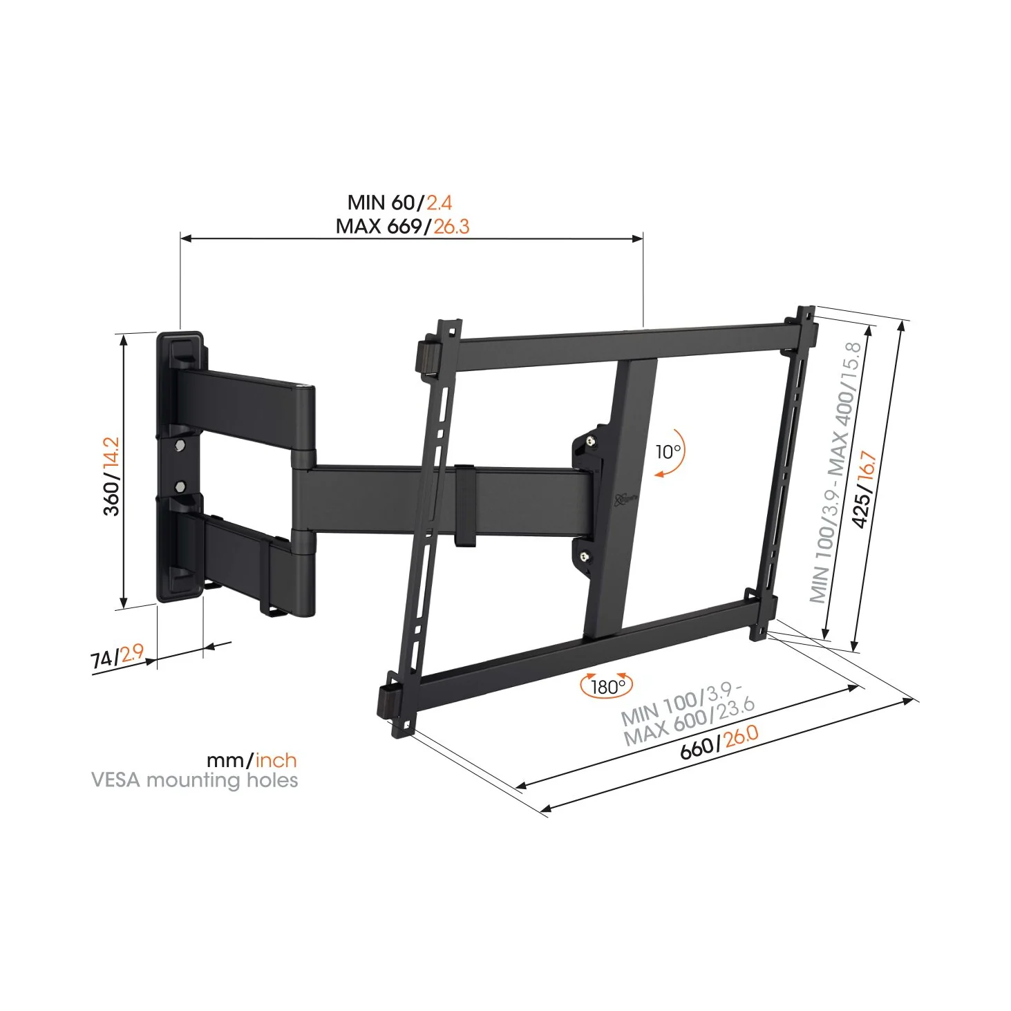 Vogel's TVM 3845 Massskizze mit Wandabstand und VESA-Lochmuster