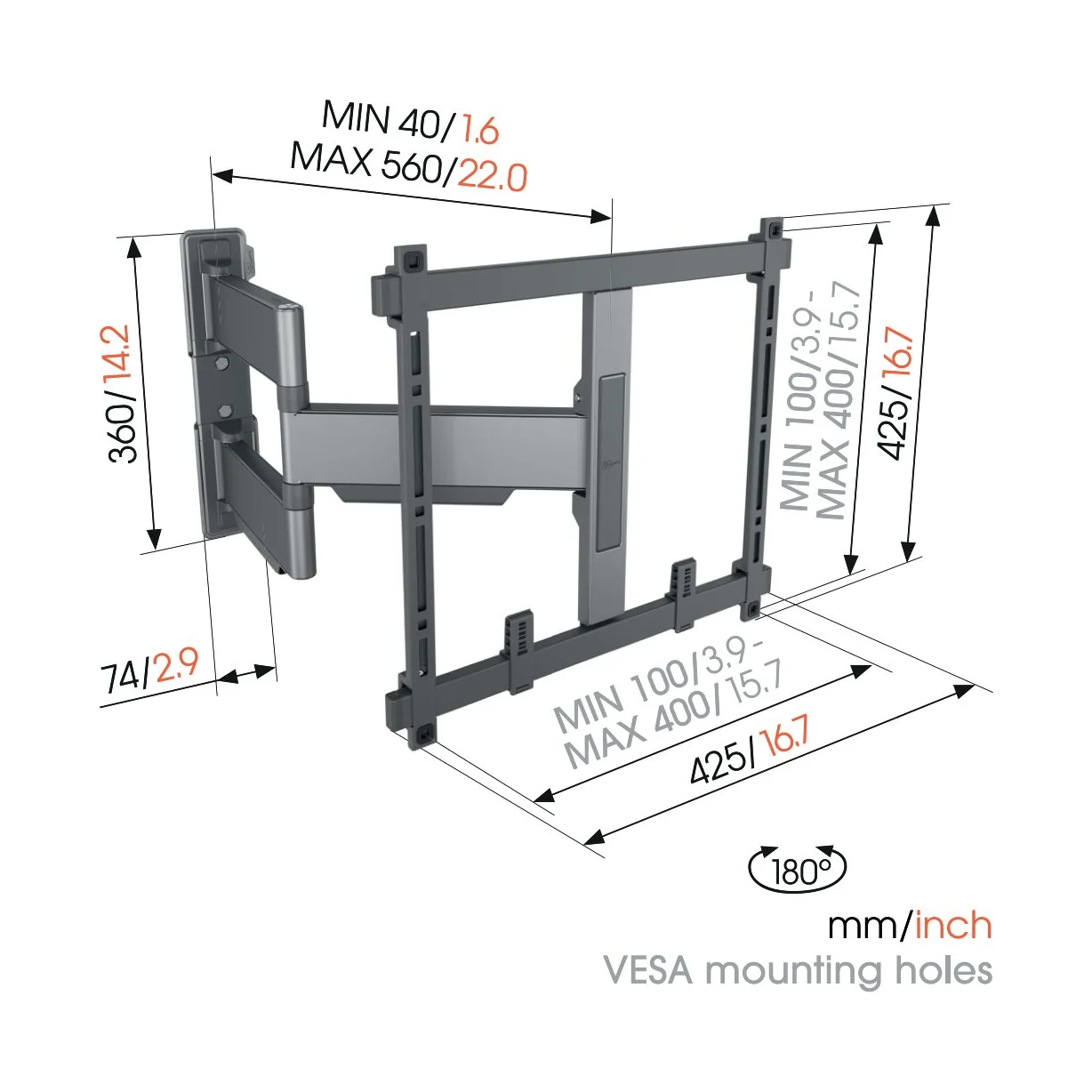 Vogel's TVM 5445 Massskizze mit Wandabstand und VESA-Lochmuster