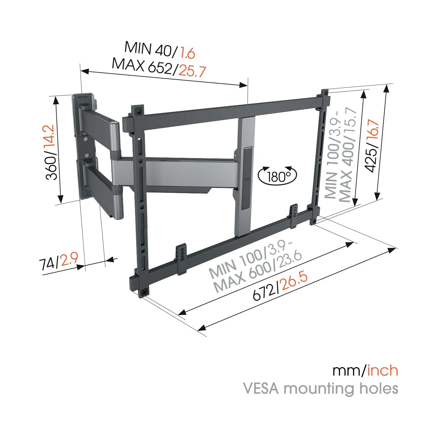 Vogel's TVM 5645 Massskizze mit Wandabstand und VESA-Lochmuster