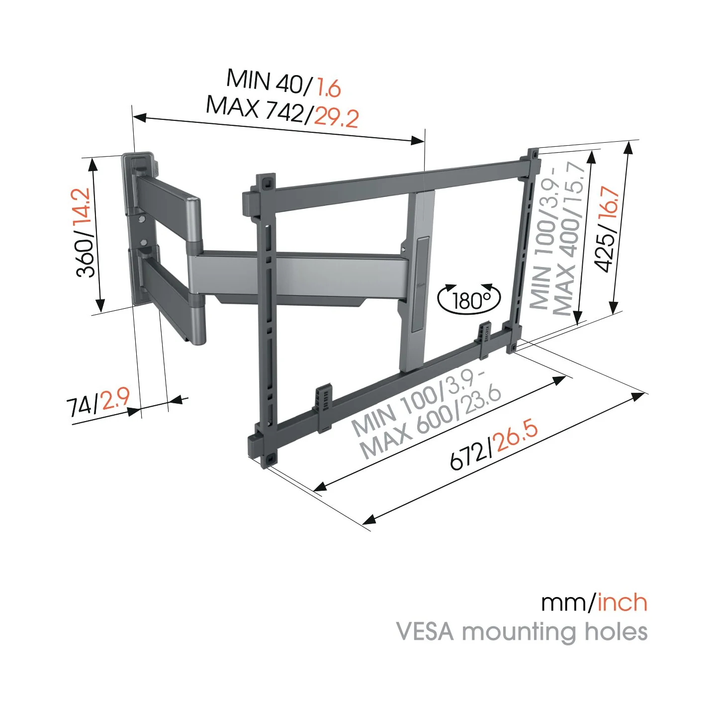 Vogel's TVM 5845 Massskizze mit Wandabstand und VESA-Lochmuster