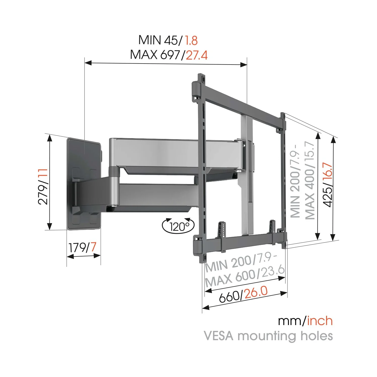 Vogel's TVM 5855 Massskizze mit Wandabstand und VESA-Lochmuster