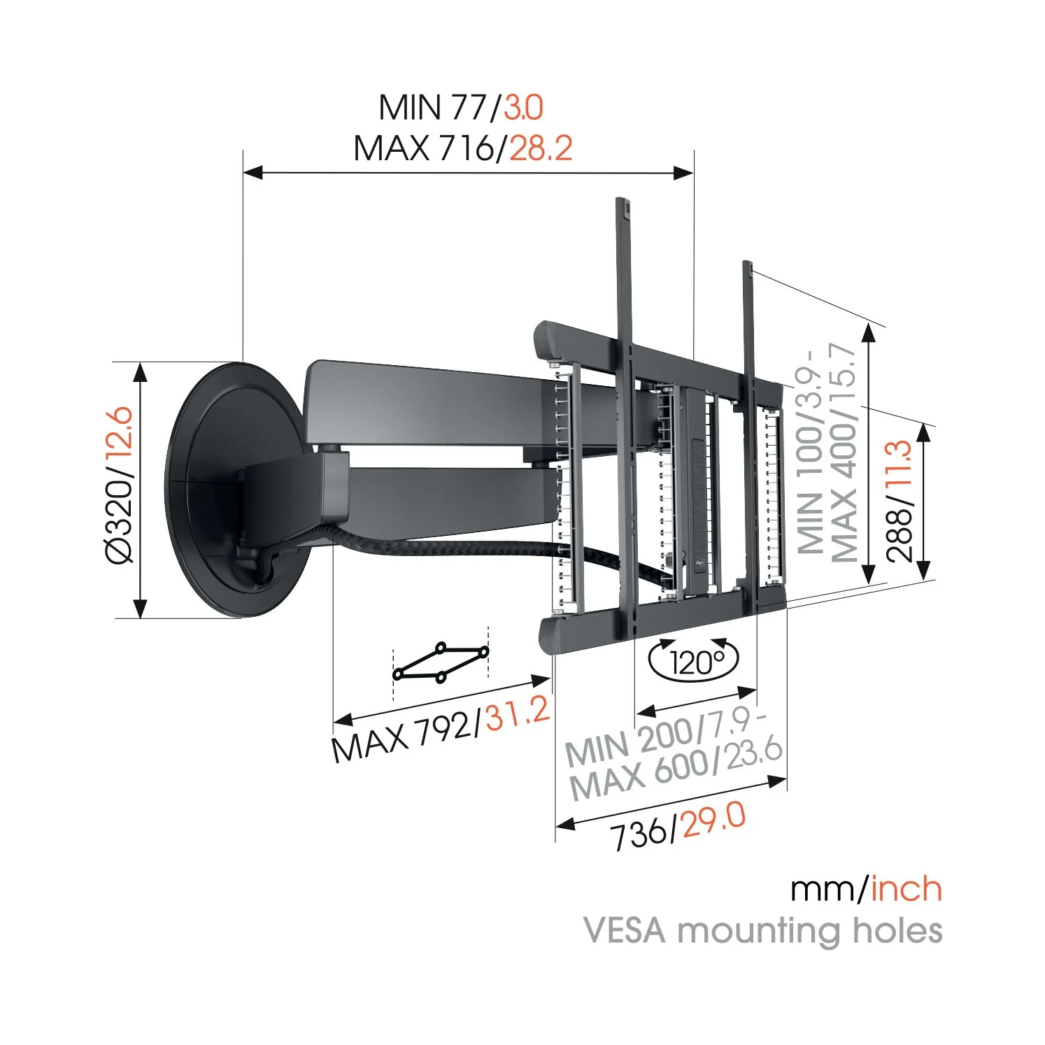 Vogel's TVM 7675 Massskizze mit Wandabstand und VESA-Lochmuster