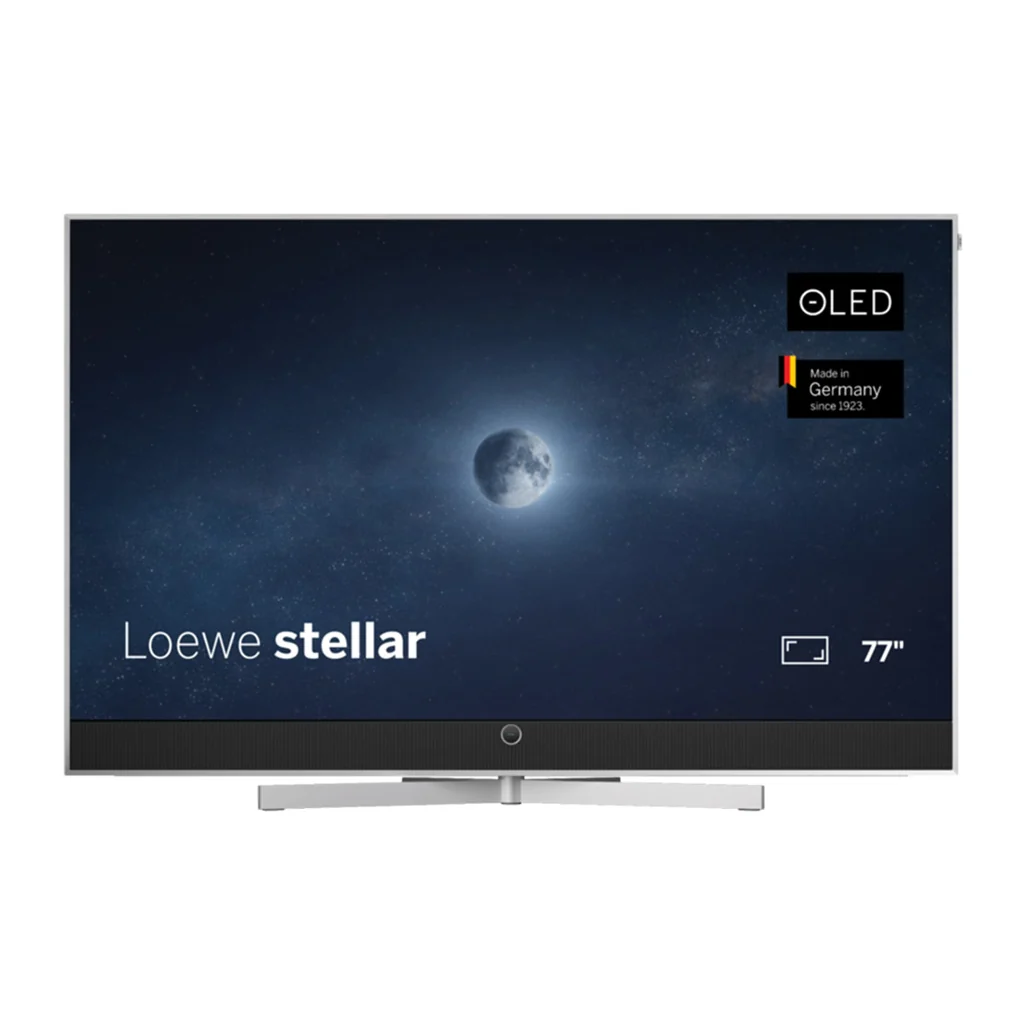 Loewe stellar 77 Zoll OLED-Fernseher mit eingeschaltetem Bildschirm