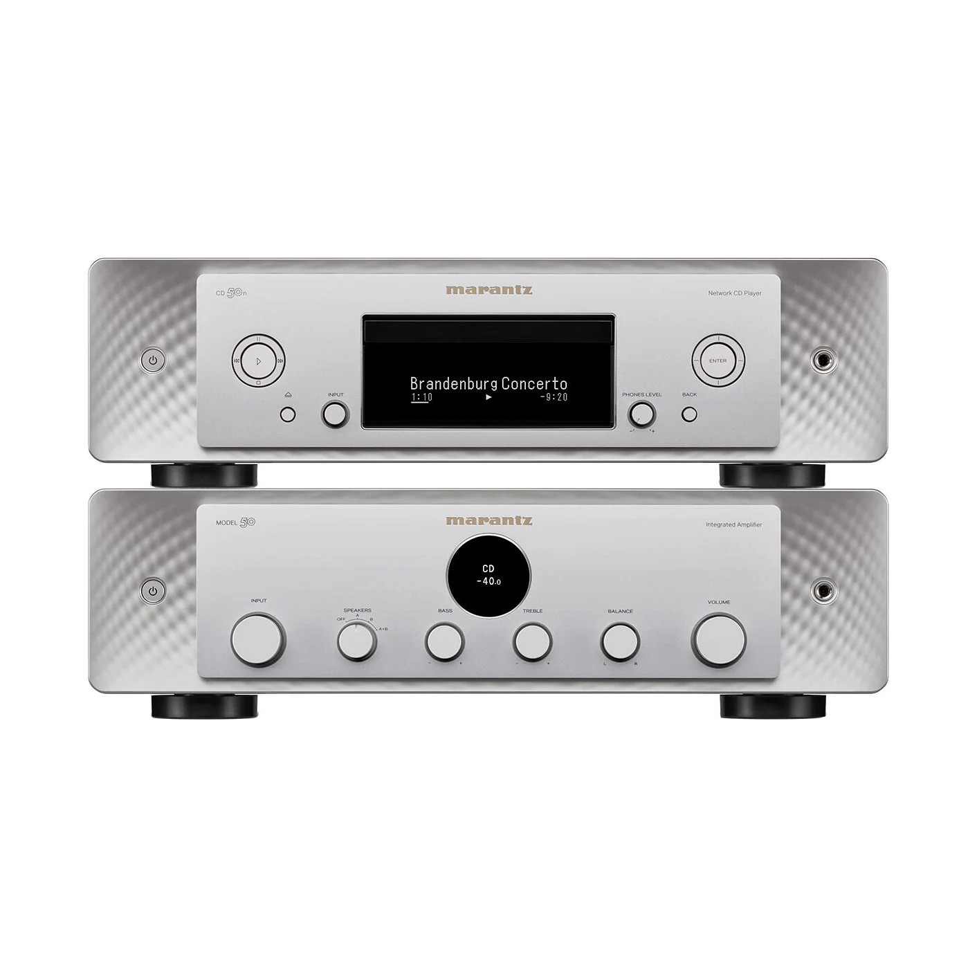 Marantz Set MODEL 50 und CD 50n in Silber-Gold, Vollverstärker und Netzwerk-CD-Player übereinander