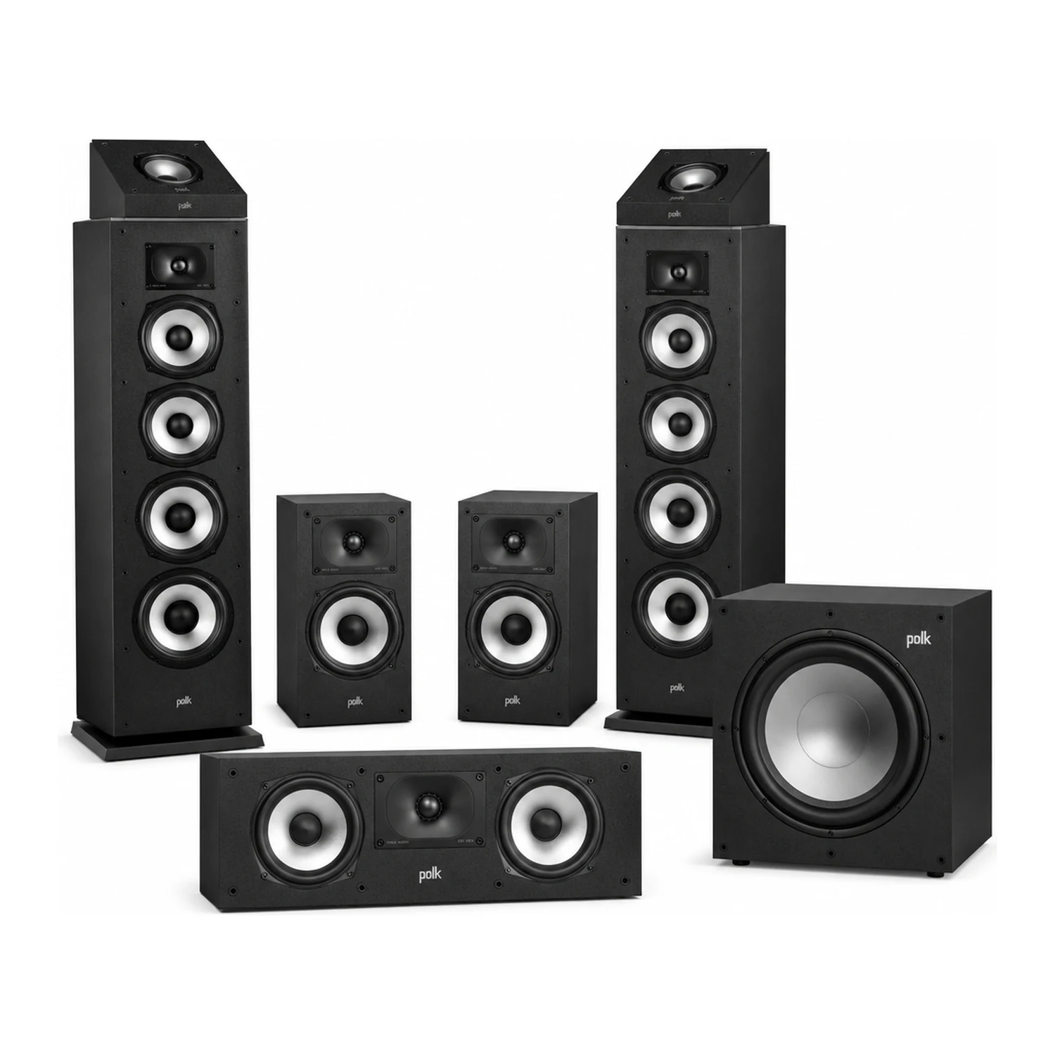 Polk Audio Monitor XT 5.1.2 Set: zwei Standlautsprecher XT70 mit aufgesetzten Atmos-Modulen XT90, zwei Kompaktlautsprecher XT15, Center XT30 und Subwoofer XT12