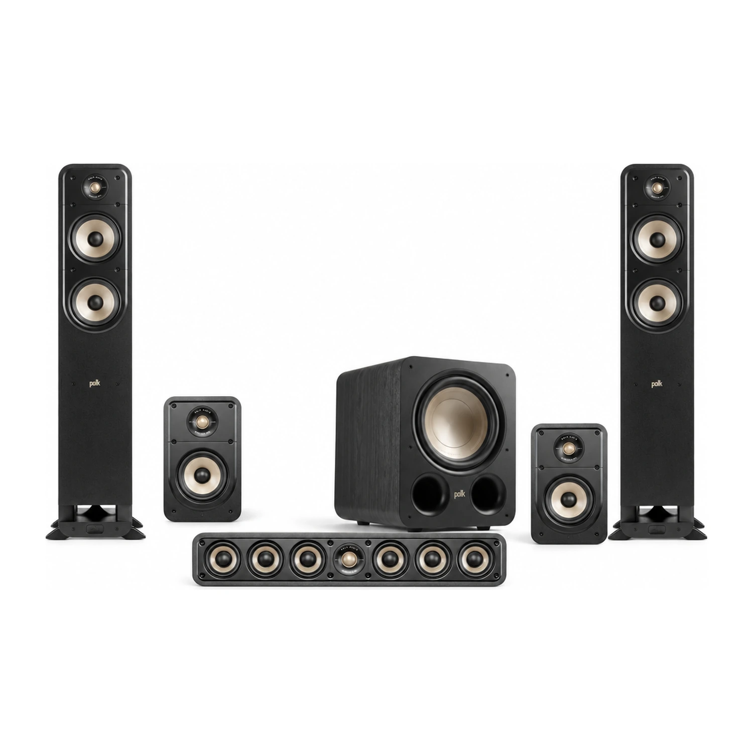 Polk Audio Signature Elite 5.1 Set in Schwarz: zwei ES55 Standlautsprecher, zwei ES15 Kompaktlautsprecher, ein ES35 Center und ein ES10 Subwoofer