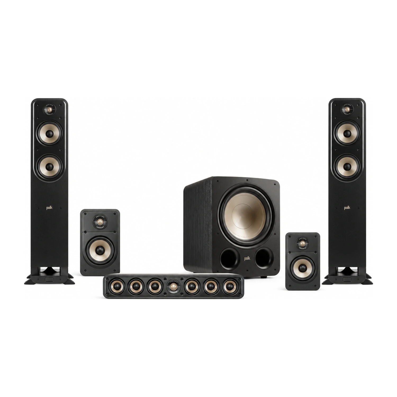 Polk Audio Signature Elite 5.1 Set in Schwarz: zwei ES55 Standlautsprecher, zwei ES15 Kompaktlautsprecher, ein ES35 Center und ein ES12 Subwoofer