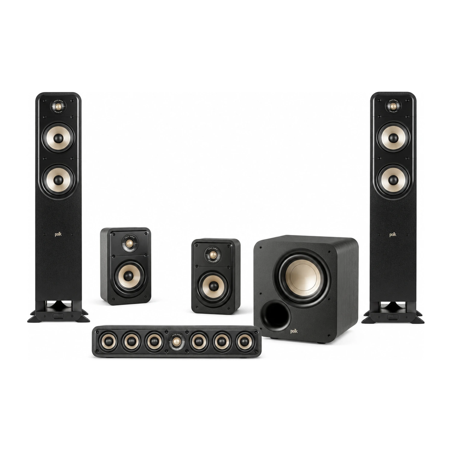 Polk Audio Signature Elite 5.1 Set in Schwarz: zwei ES55 Standlautsprecher, zwei ES15 Kompaktlautsprecher, ein ES35 Center und ein ES8 Subwoofer