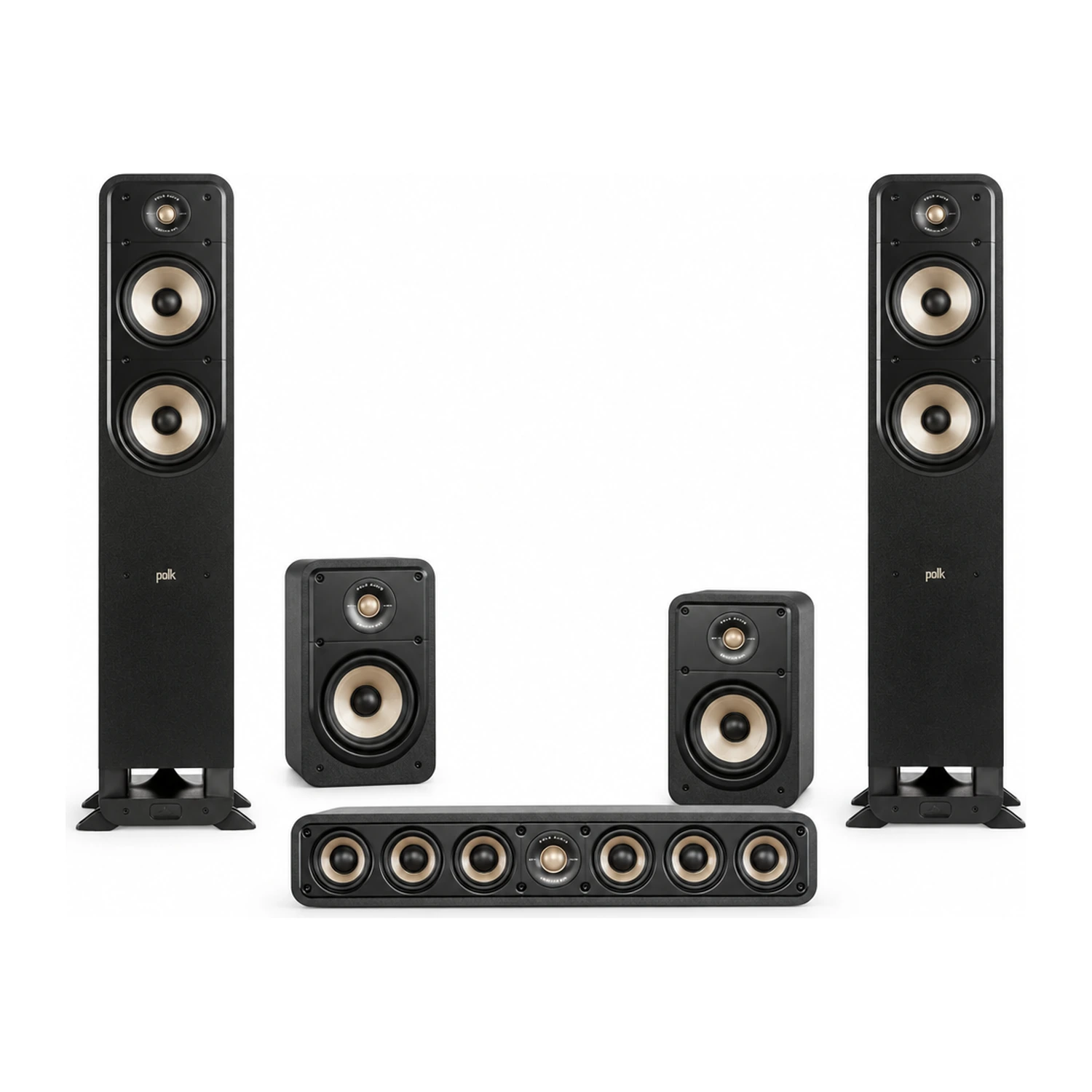 Polk Audio Signature Elite 5.0 Set in Schwarz: zwei ES55 Standlautsprecher, zwei ES15 Kompaktlautsprecher und ein ES35 Center