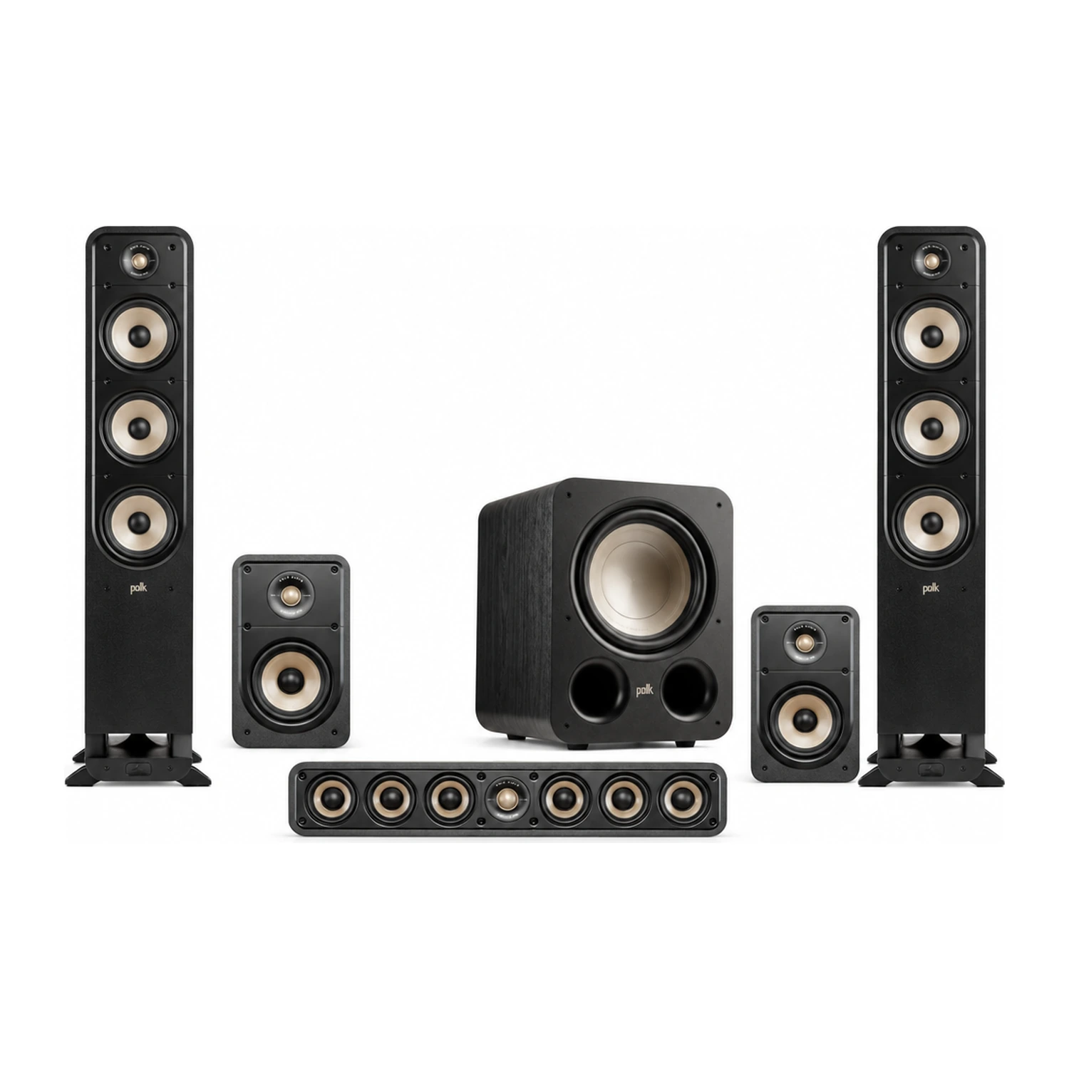 Polk Audio Signature Elite 5.1 Set in Schwarz: zwei ES60 Standlautsprecher, zwei ES15 Kompaktlautsprecher, ein ES35 Center und ein ES10 Subwoofer