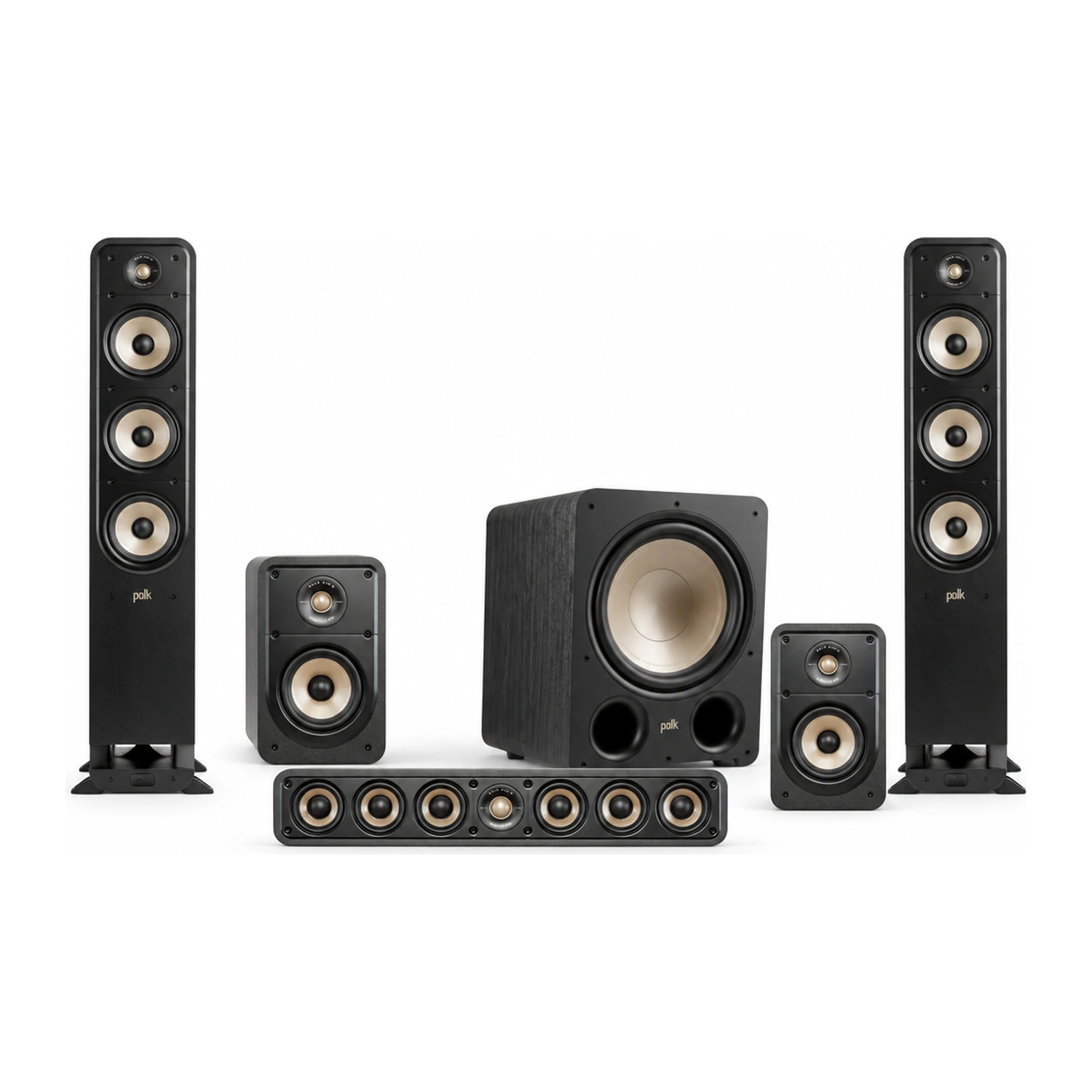 Polk Audio Signature Elite 5.1 Set in Schwarz: zwei ES60 Standlautsprecher, zwei ES15 Kompaktlautsprecher, ein ES35 Center und ein ES12 Subwoofer