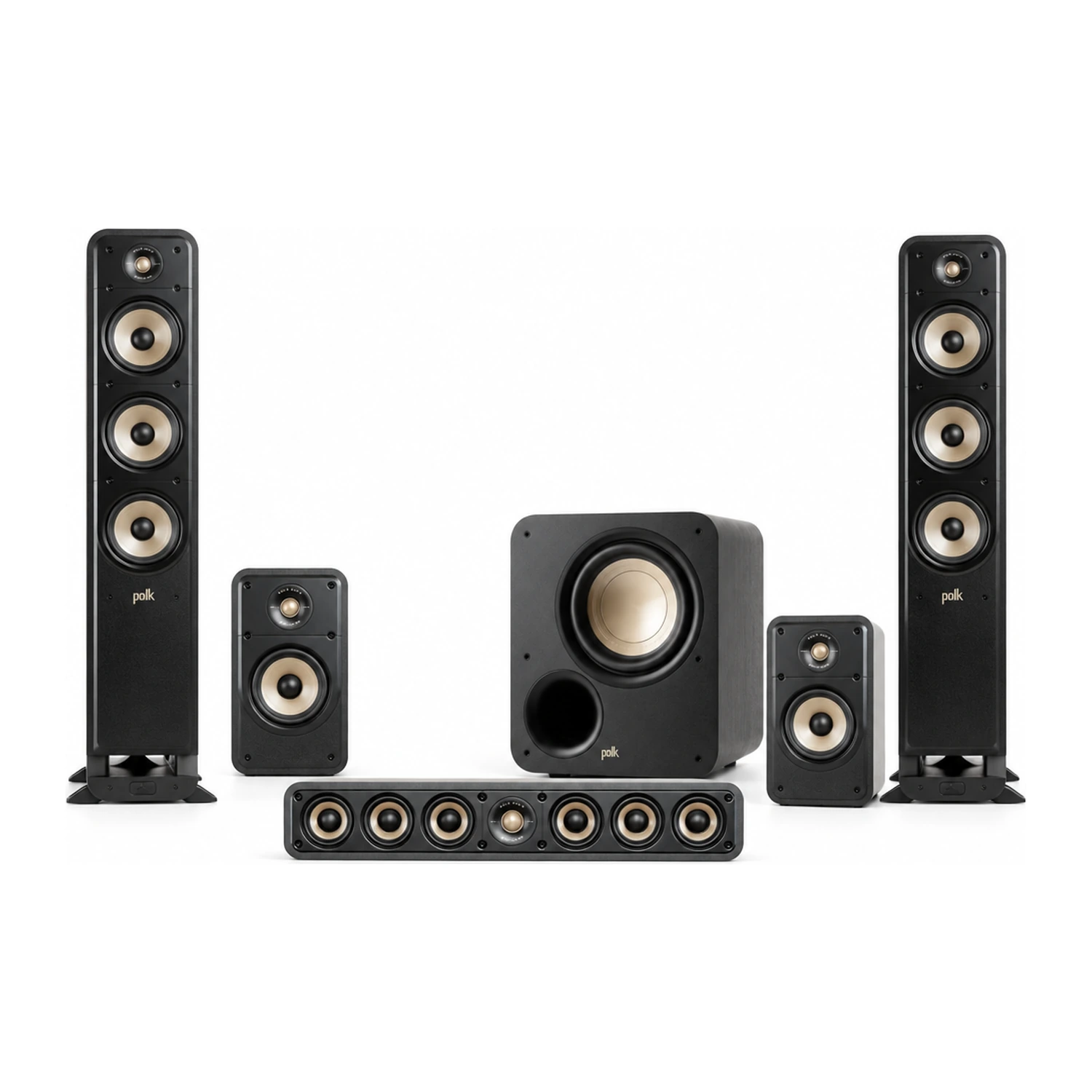 Polk Audio Signature Elite 5.1 Set in Schwarz: zwei ES60 Standlautsprecher, zwei ES15 Kompaktlautsprecher, ein ES35 Center und ein ES8 Subwoofer