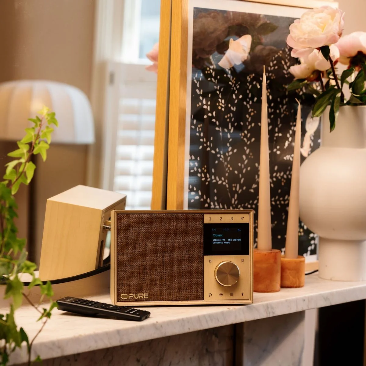 Pure Evoke One in Birke auf einer Ablage im Wohnraum