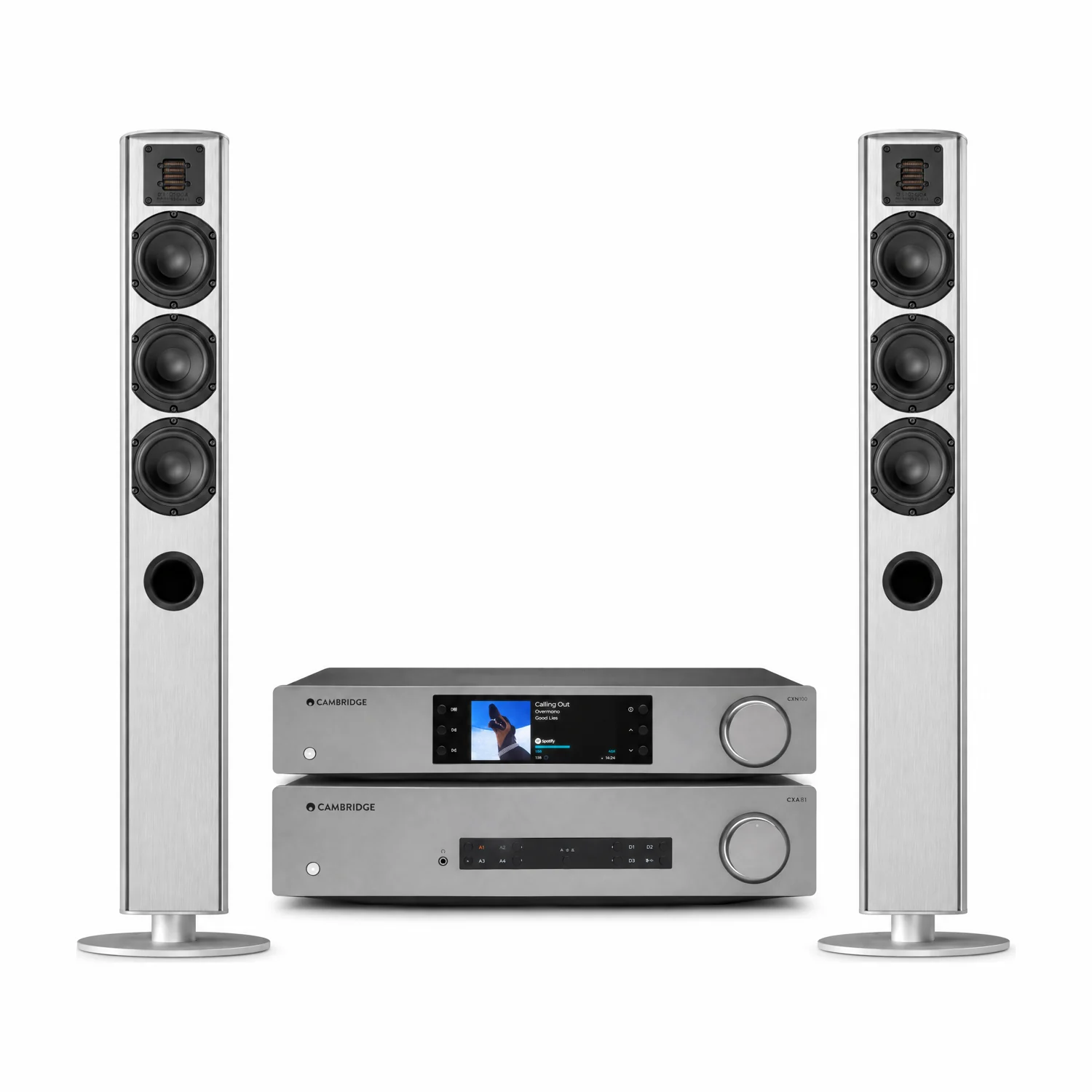 Set aus Cambridge Audio CXA 81 Mk II, CXN 100 und zwei Piega Ace 50 in Aluminium