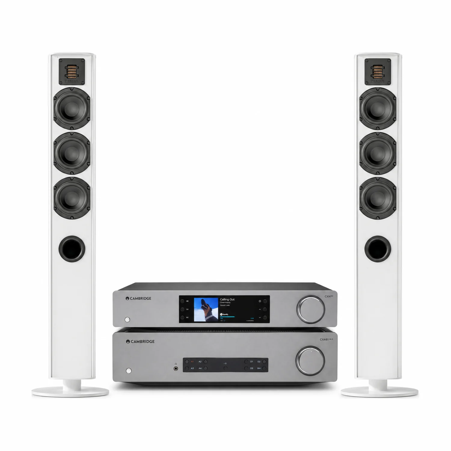 Set aus Cambridge Audio CXA 81 Mk II, CXN 100 und zwei Piega Ace 50 in Weiss