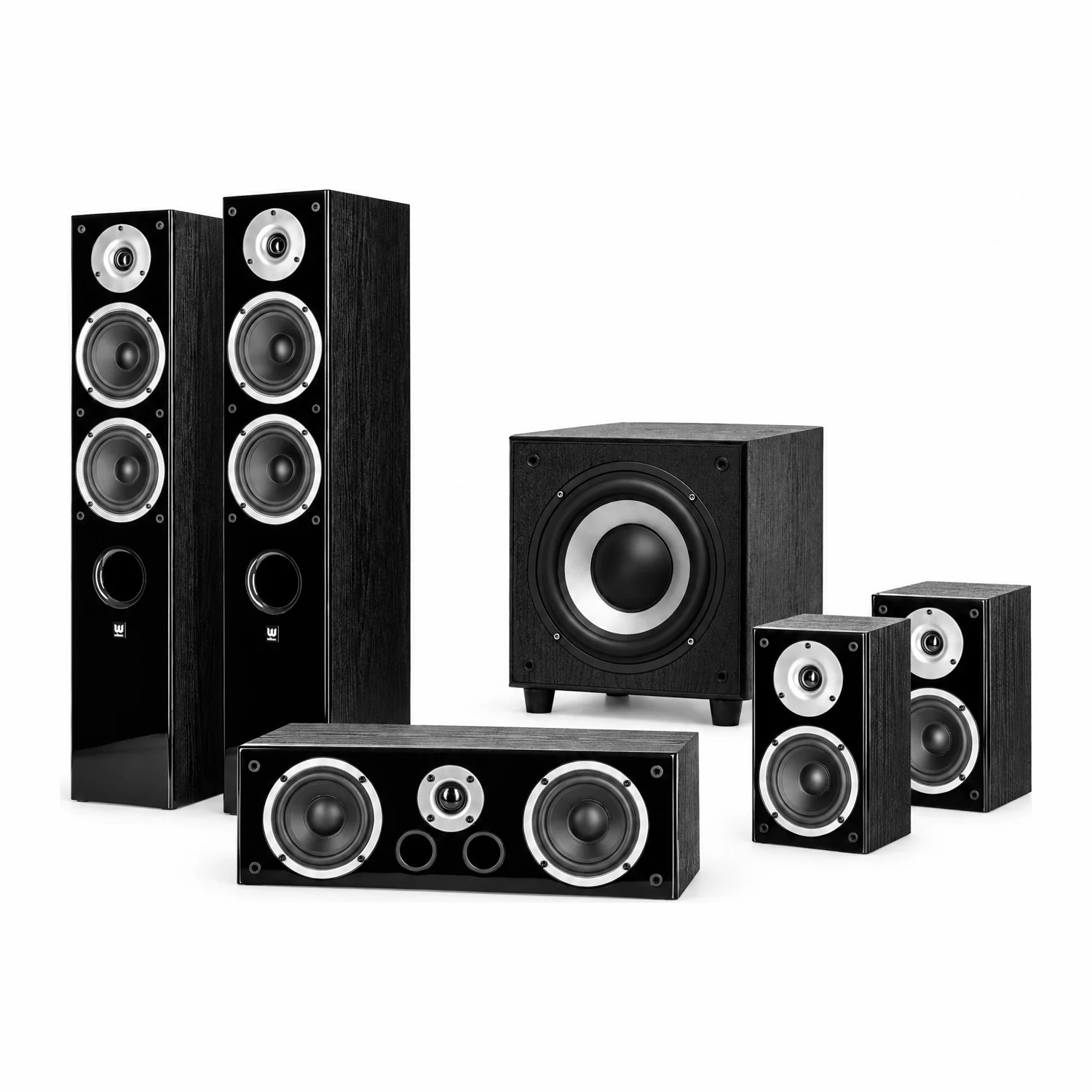 Set-Gruppenbild: zwei Wilson Raptor 5 Standlautsprecher, zwei Raptor Mini Kompaktlautsprecher, ein Raptor Vocal Center und ein SUB-9 Subwoofer auf weissem Grund