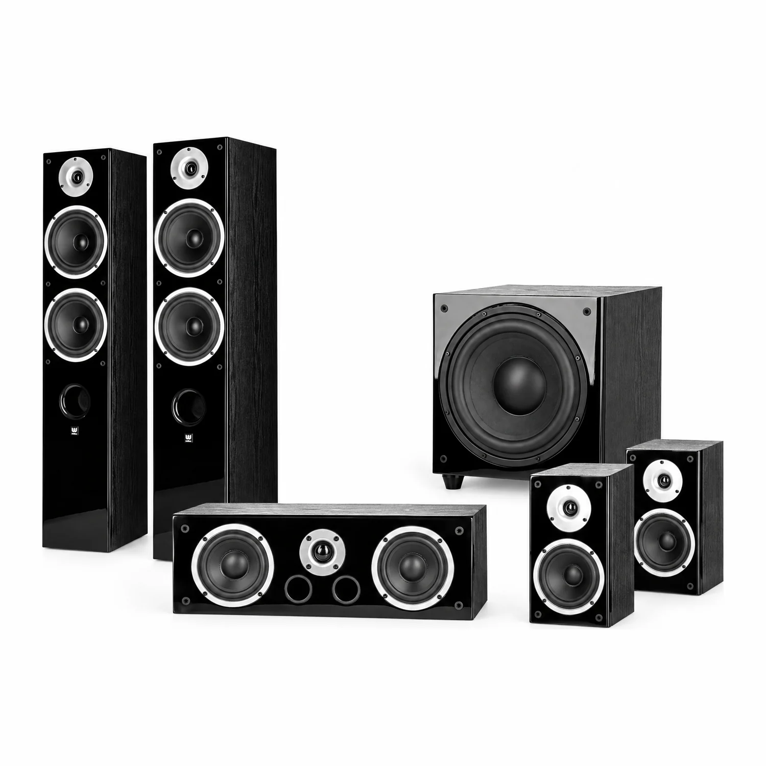 Set-Gruppenbild: zwei Wilson Raptor 7 Standlautsprecher, zwei Raptor 1 Kompaktlautsprecher, ein Raptor Vocal Center und ein SUB-10 Subwoofer auf weissem Grund
